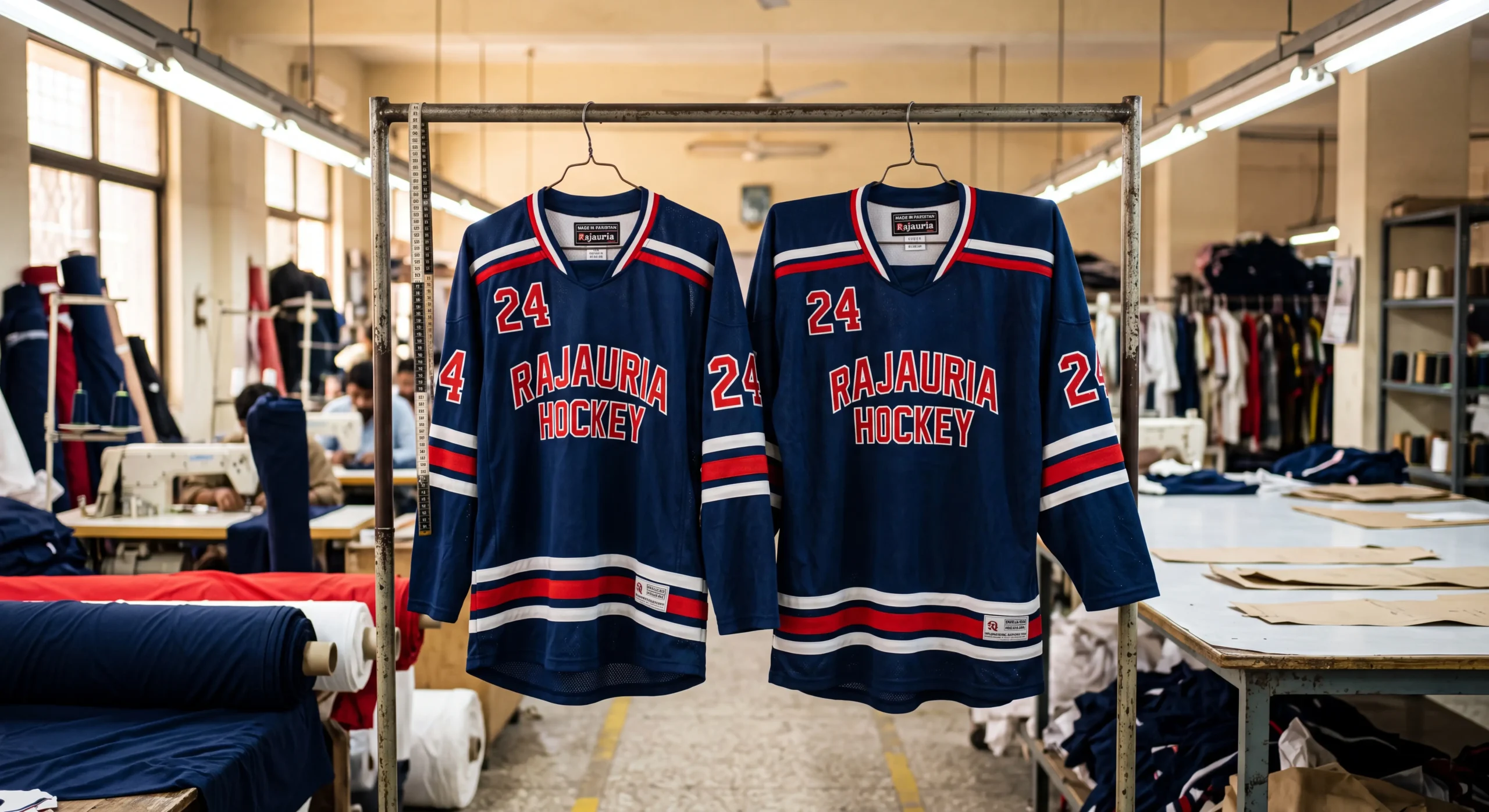 Custom team hockey jerseys draped perfectly over shoulder pads and player protective equipment