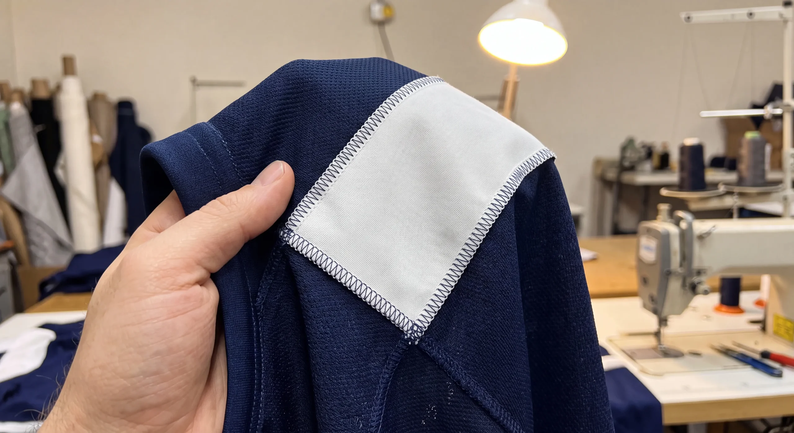Macro detail shot of heavy duty double layered elbow and shoulder stitching inside a hockey jersey