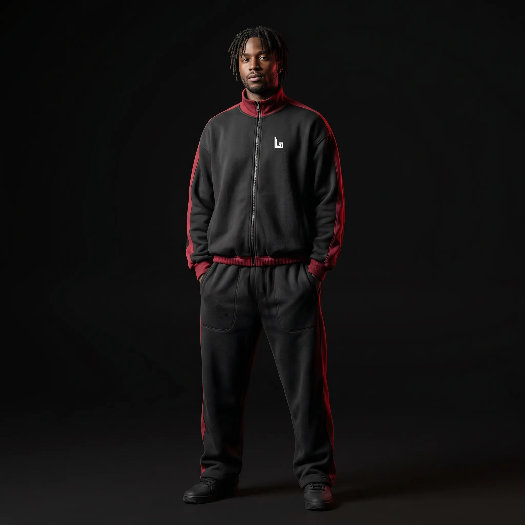 Custom oversized black and red fleece tracksuit matching jacket and pants set