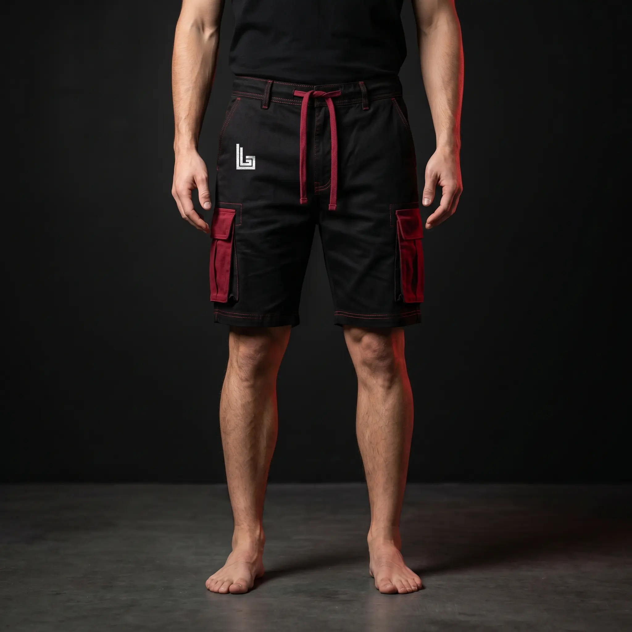 Custom streetwear cargo shorts with red utility pockets