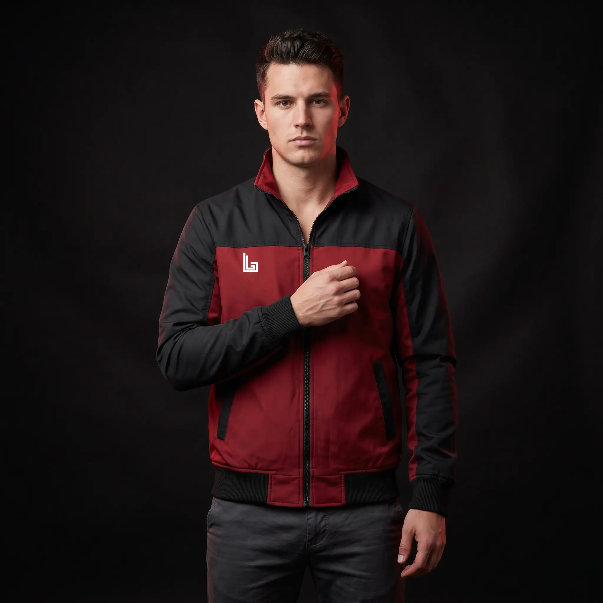 Custom zip-up track jacket in black and maroon contrast design