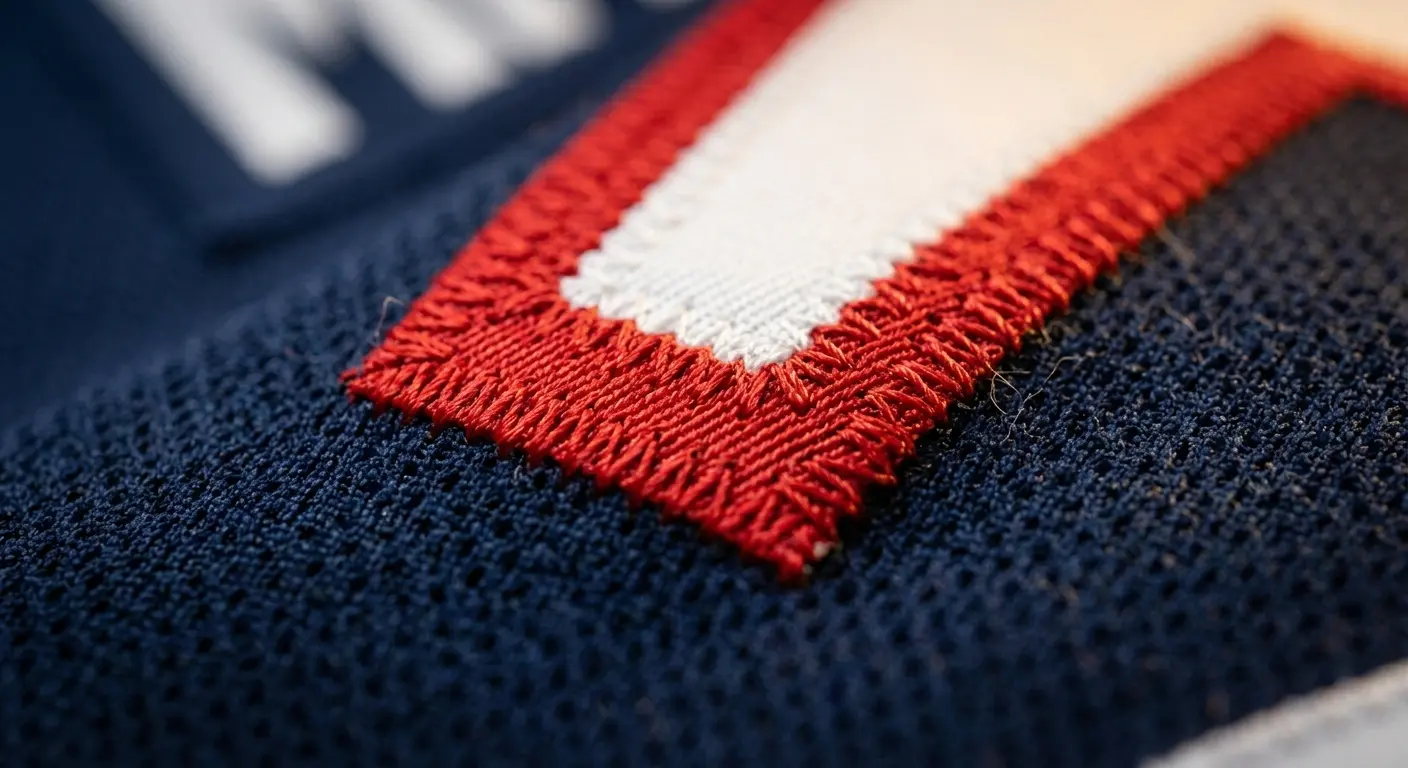 Macro close-up of 2mm zigzag stitching on premium tackle twill lettering