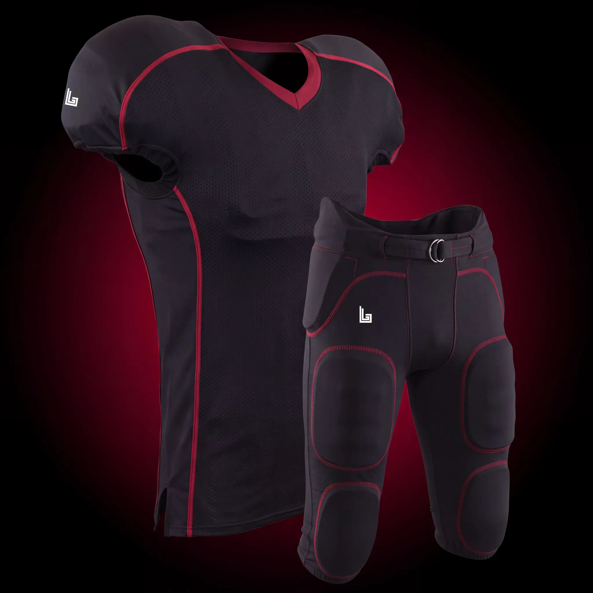 Complete custom American football uniform set — jersey, practice jersey, and pants
