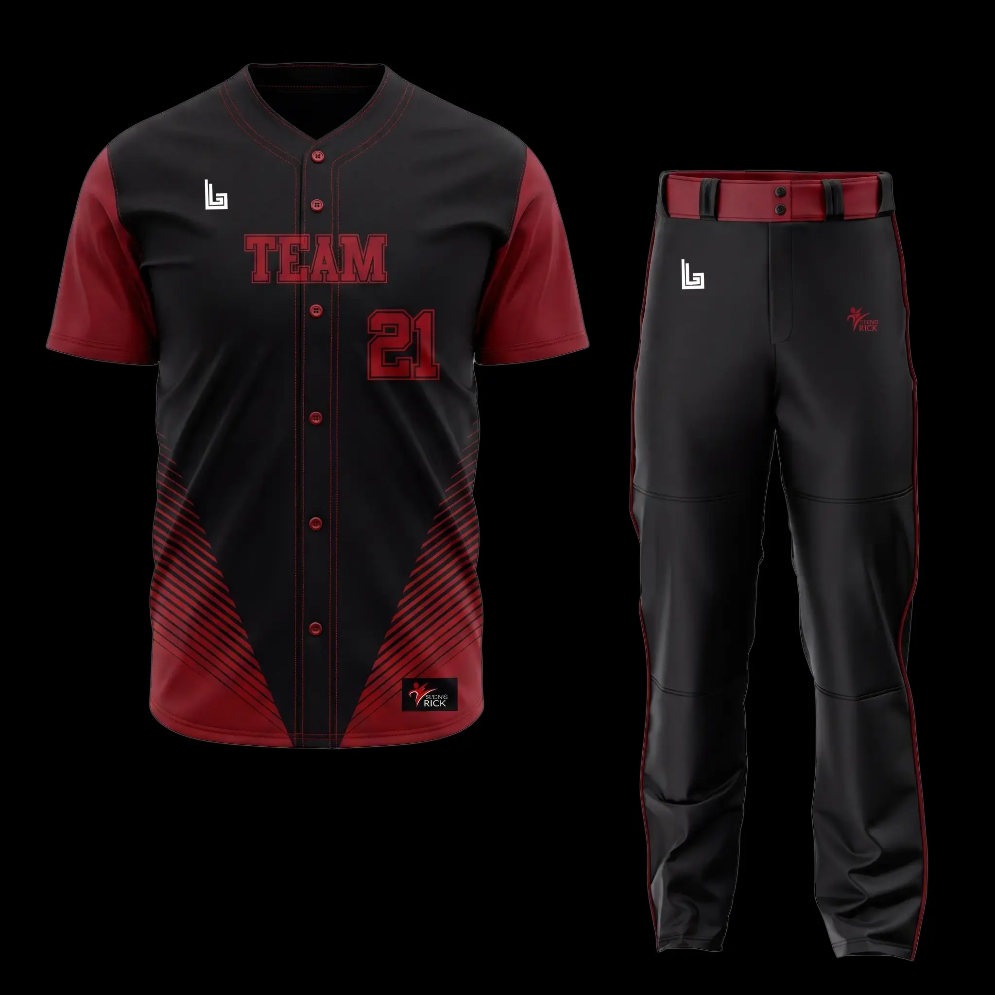 Complete custom black and maroon baseball uniform set with jersey and pants by Lethletic