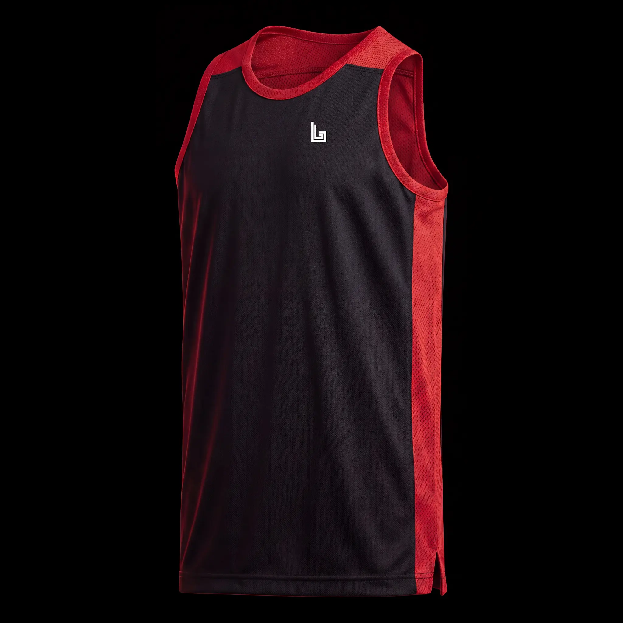 Custom black and red reversible basketball jersey engineered by Lethletic