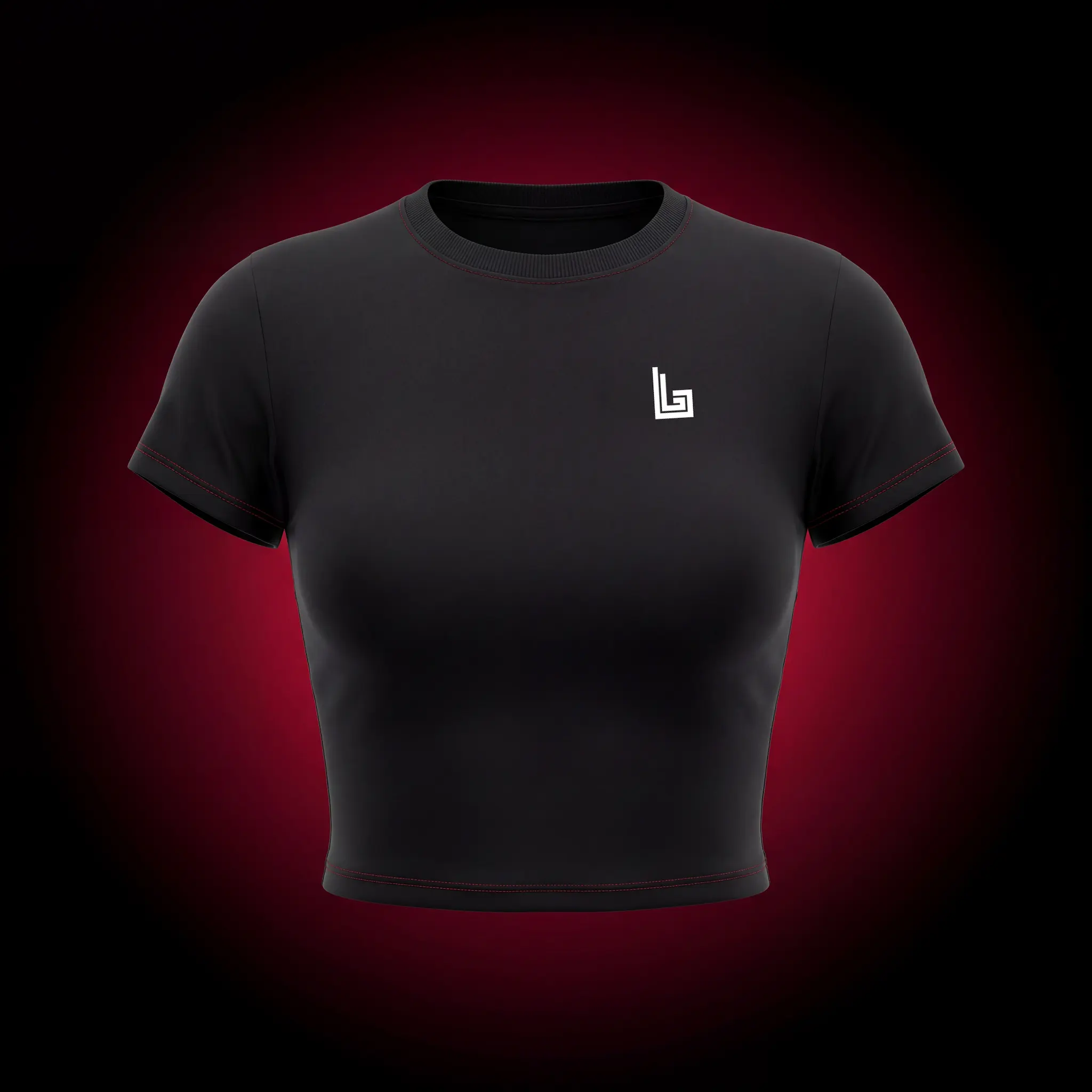 Custom festival crop top in stretch fabric with reflective print, mockup by Lethletic