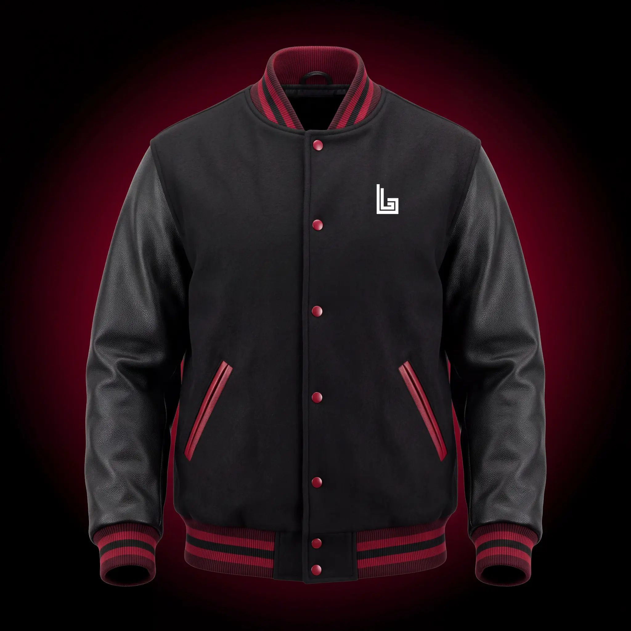 Custom letterman jacket with chenille patches and contrast sleeves, mockup by Lethletic