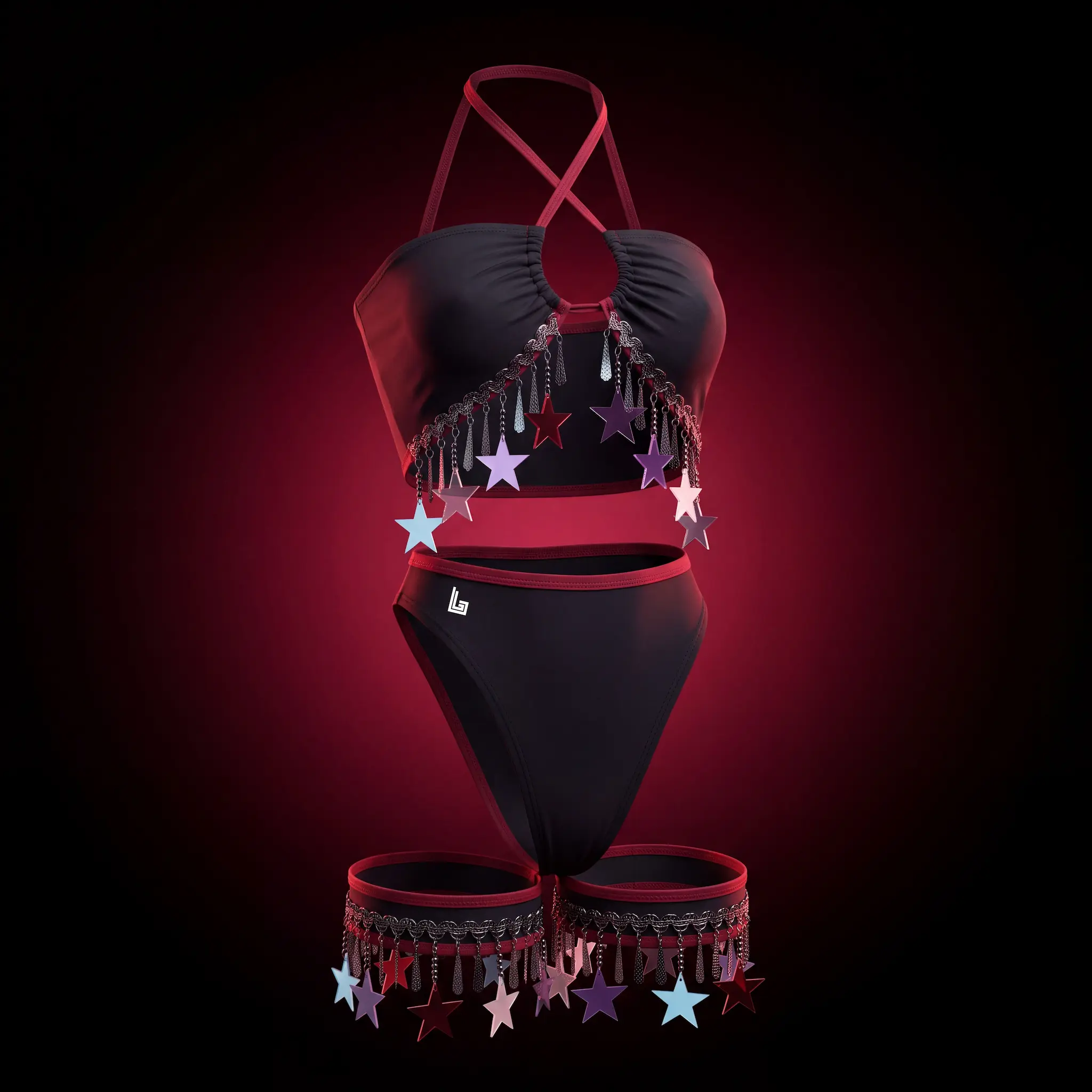 Custom matching rave set with holographic print, product mockup by Lethletic