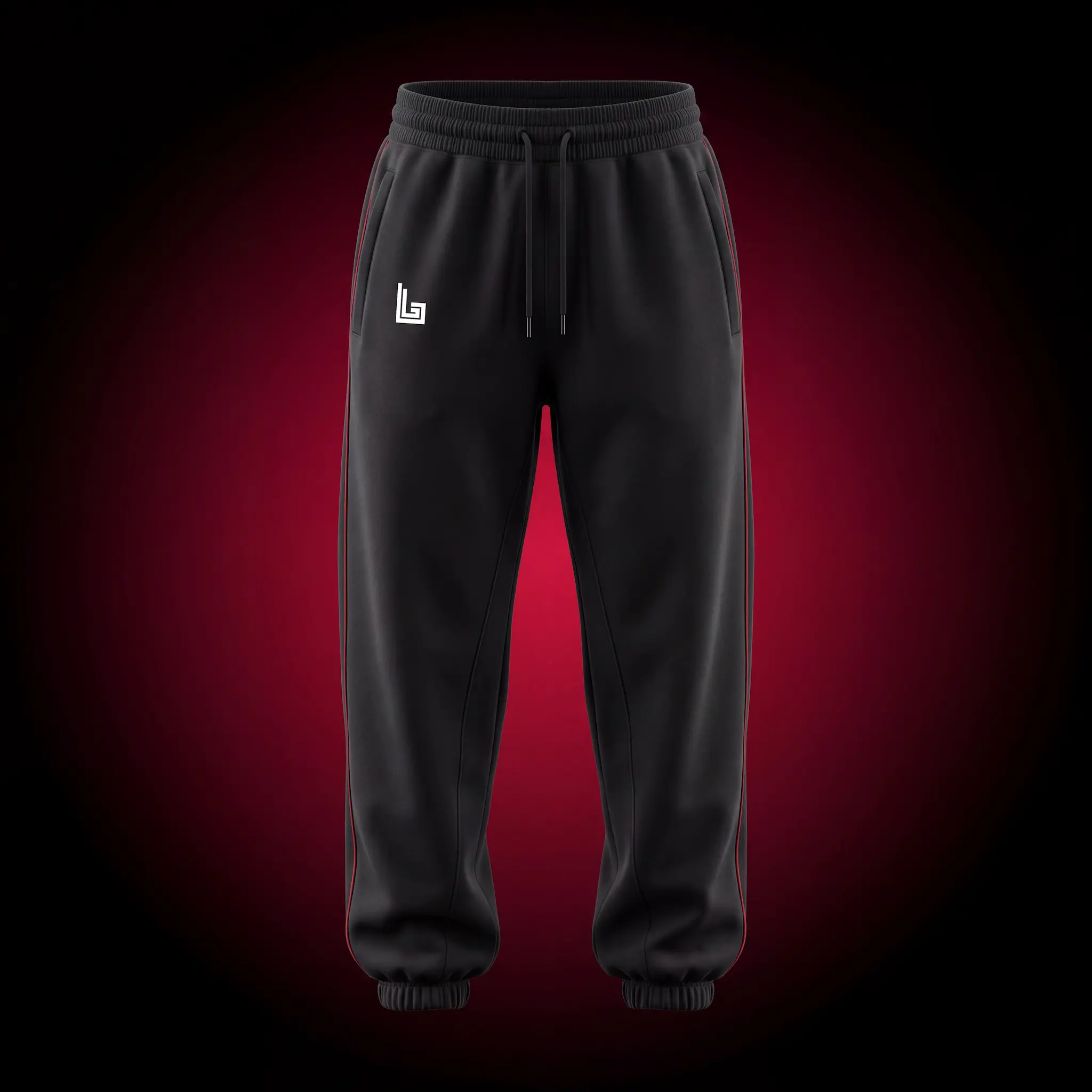 Custom streetwear joggers with tapered cuff and branded waistband, mockup by Lethletic
