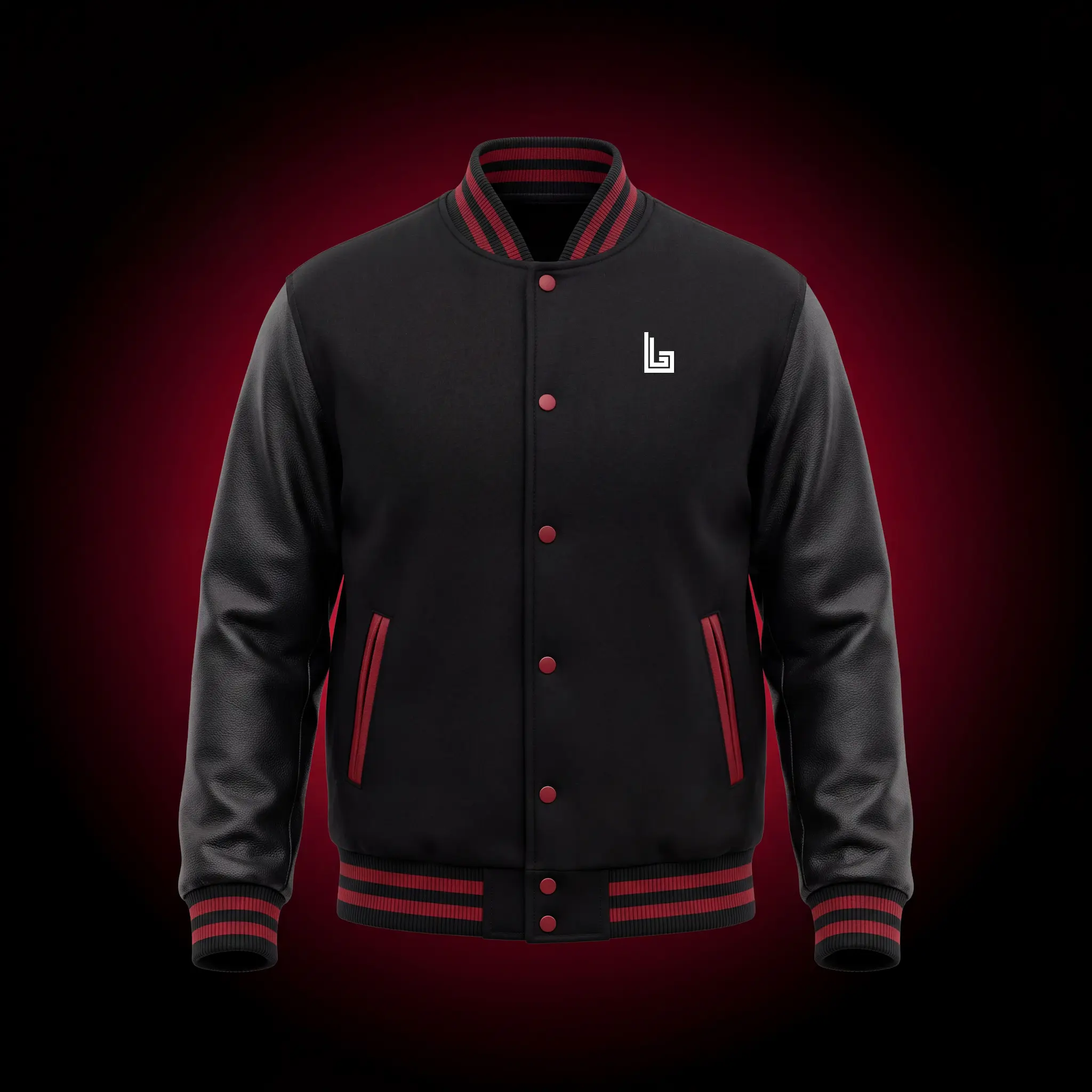 Custom varsity jacket with chenille letter patch and ribbed trim, mockup by Lethletic