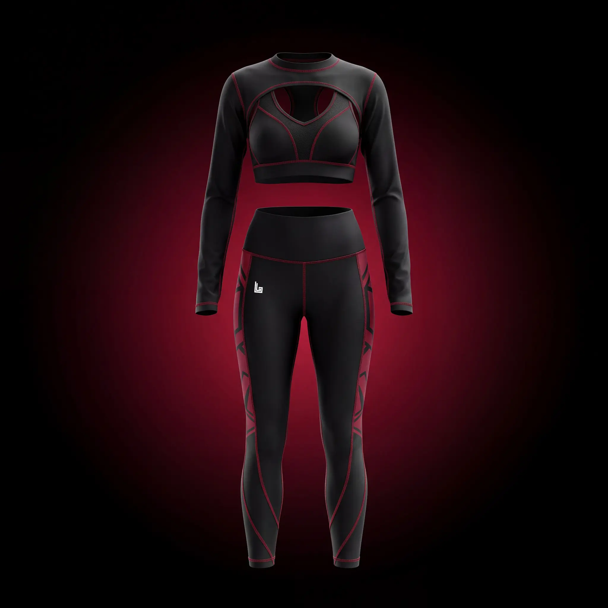 Complete custom yoga studio uniform set — leggings, top, and sports bra