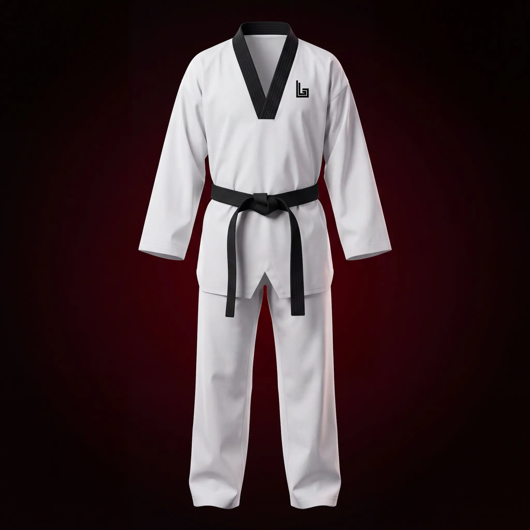 Custom taekwondo dobok with dojang branding and patches