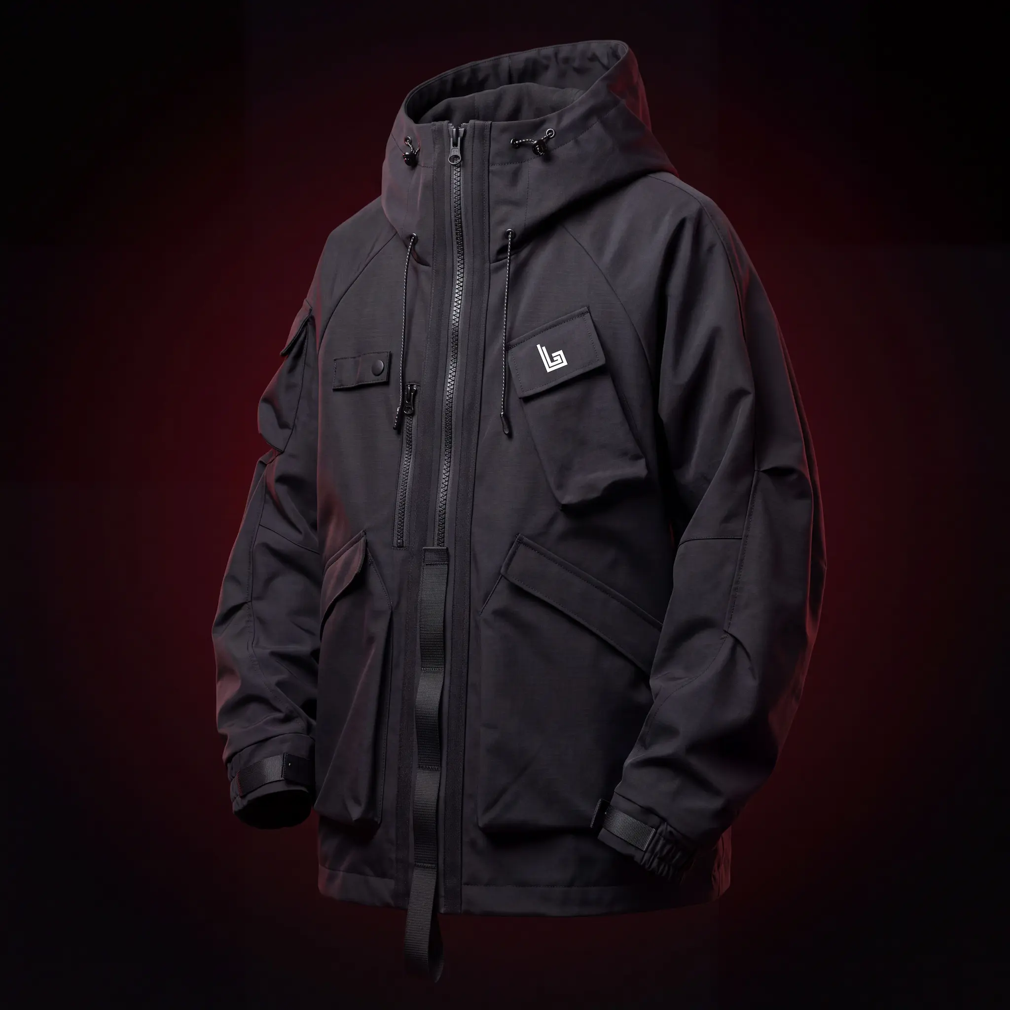 Custom techwear jacket with articulated cut and tonal colorway, mockup by Lethletic