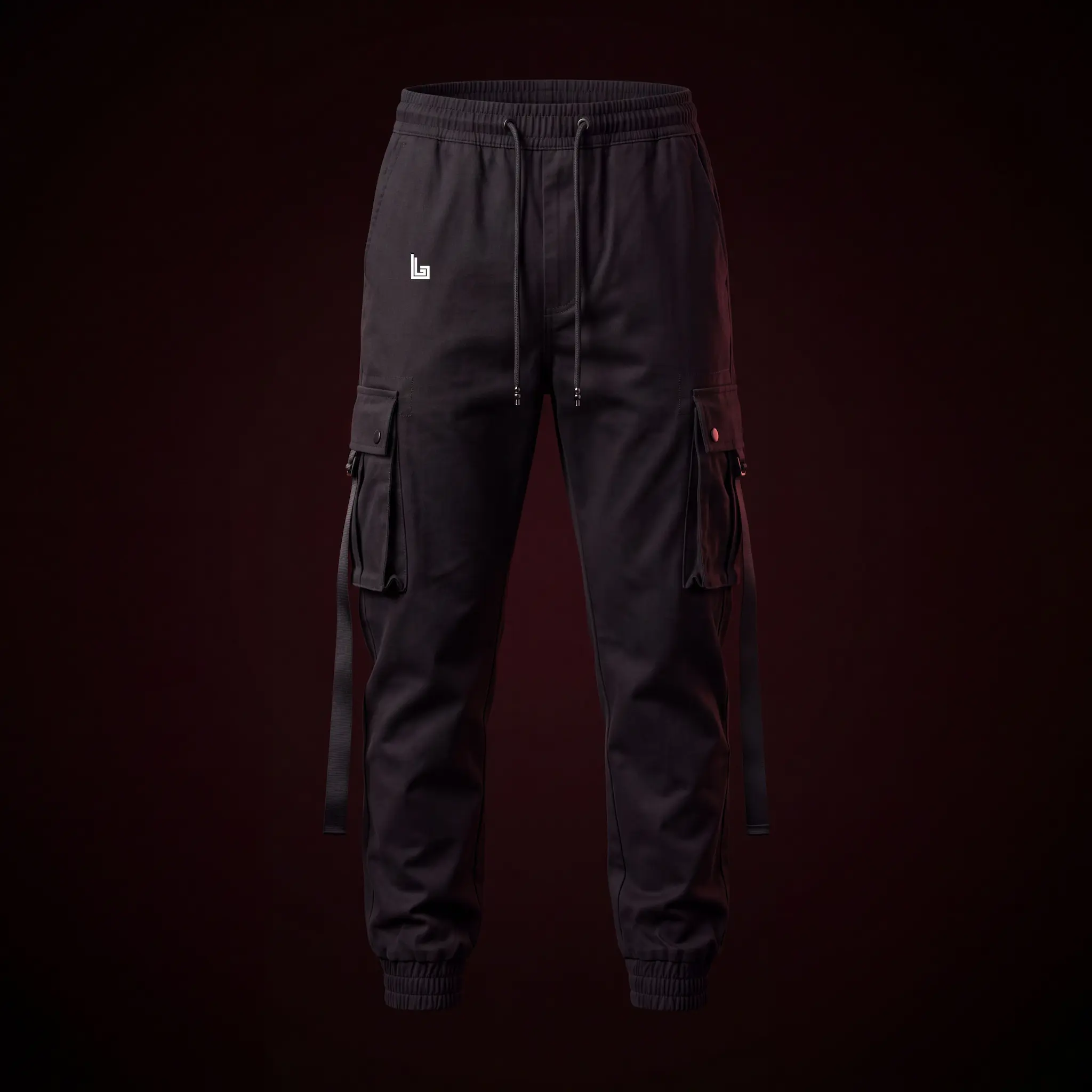 Custom techwear cargo pants with articulated fit and hardware detailing, mockup by Lethletic