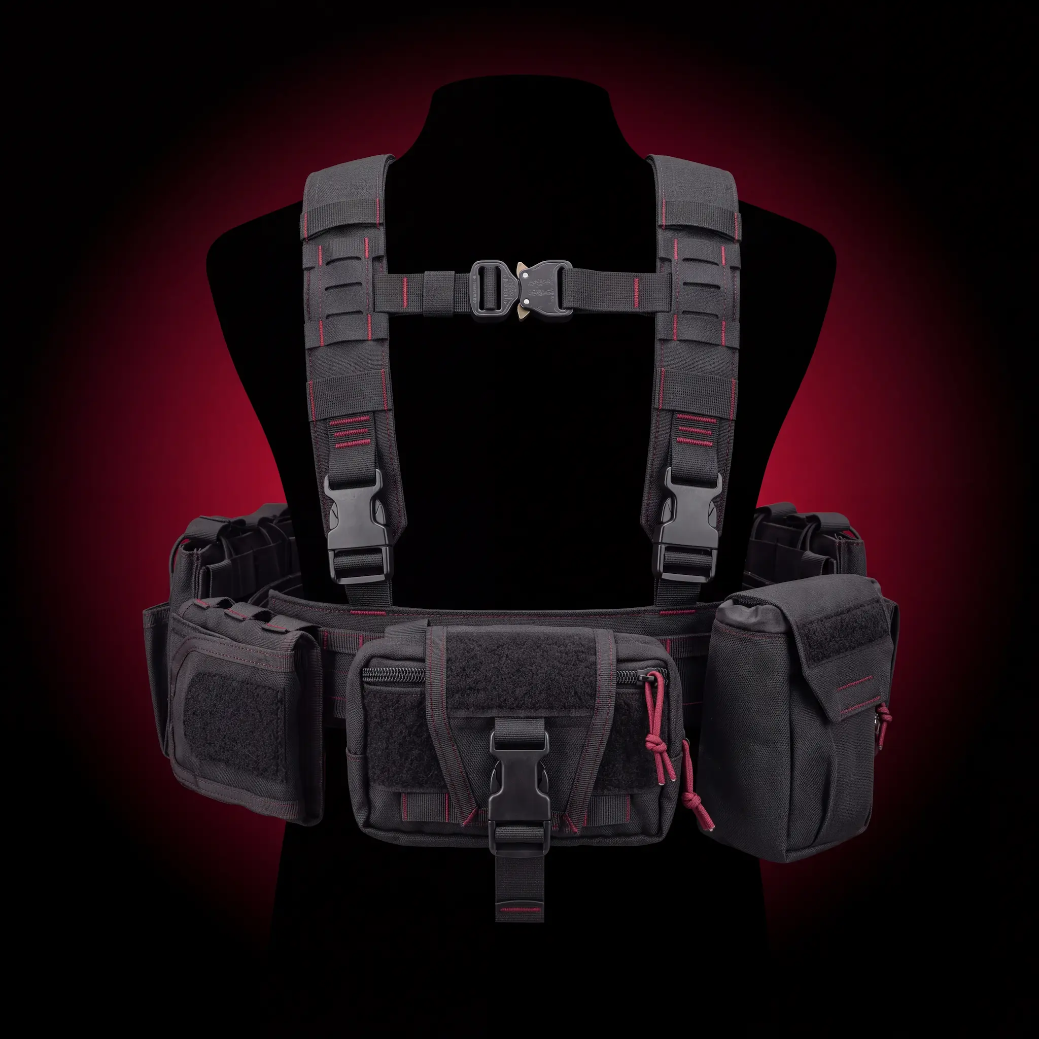 Custom techwear vest with utility pockets and strap hardware, mockup by Lethletic