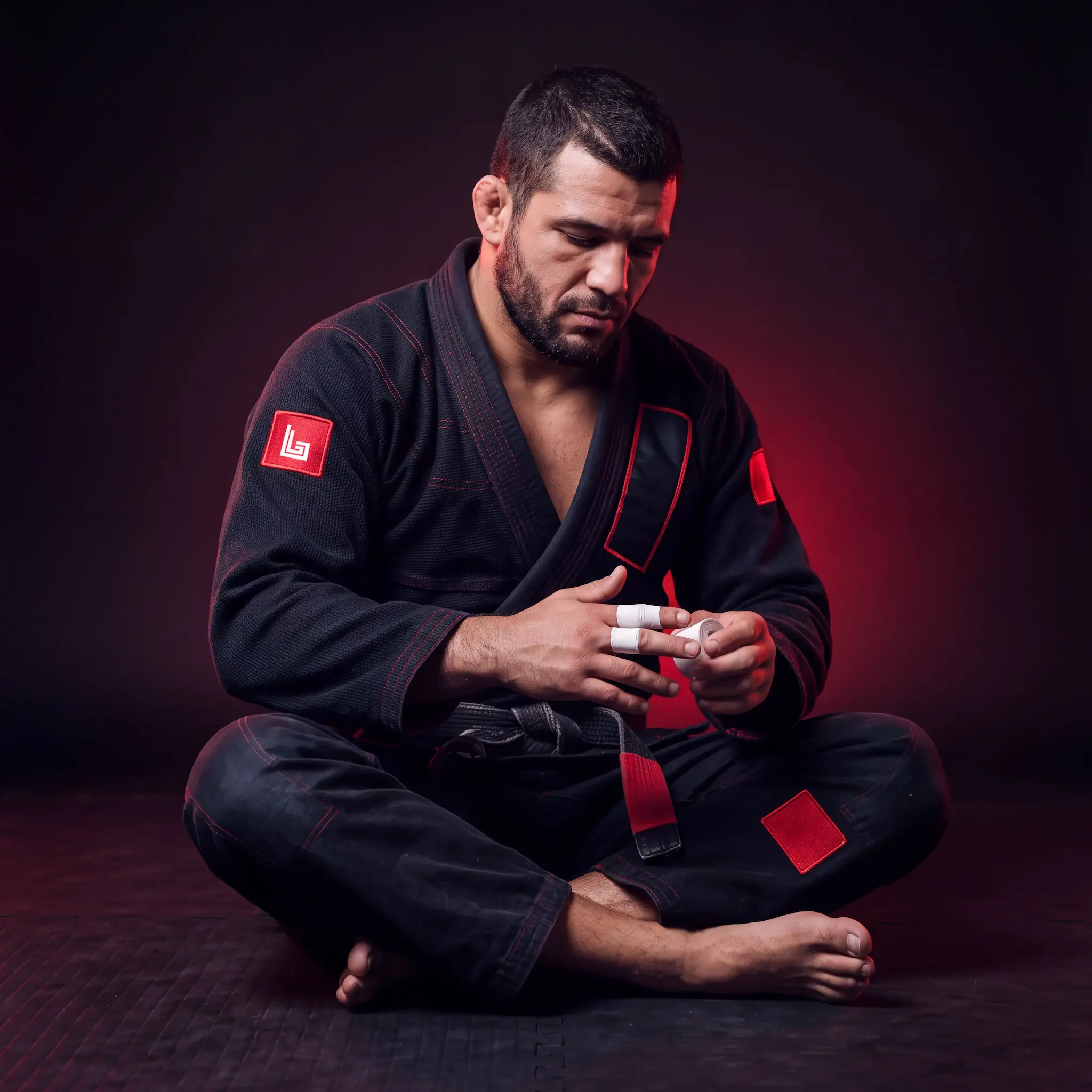 Custom BJJ gi manufacturer: athlete in a black academy gi with embroidered patches