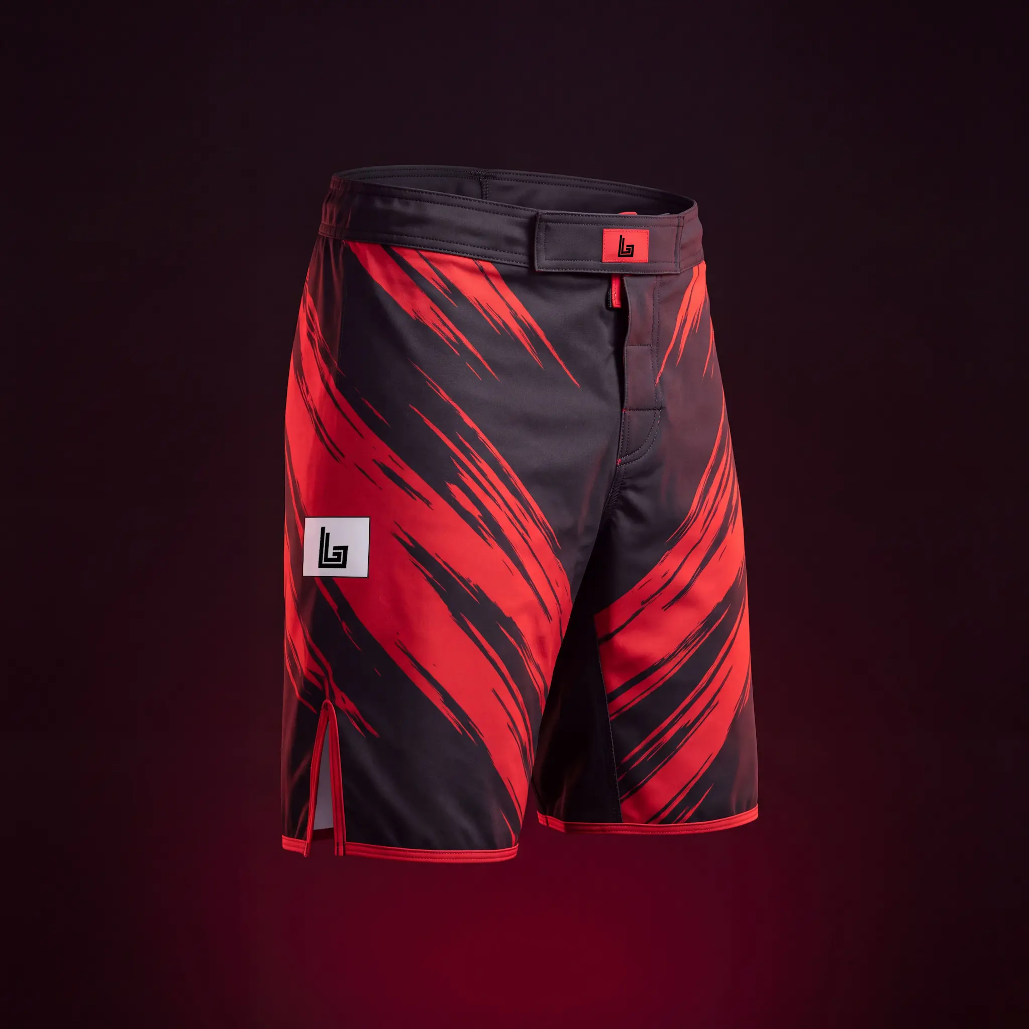 Custom BJJ grappling shorts with sublimated academy design, ghost mannequin