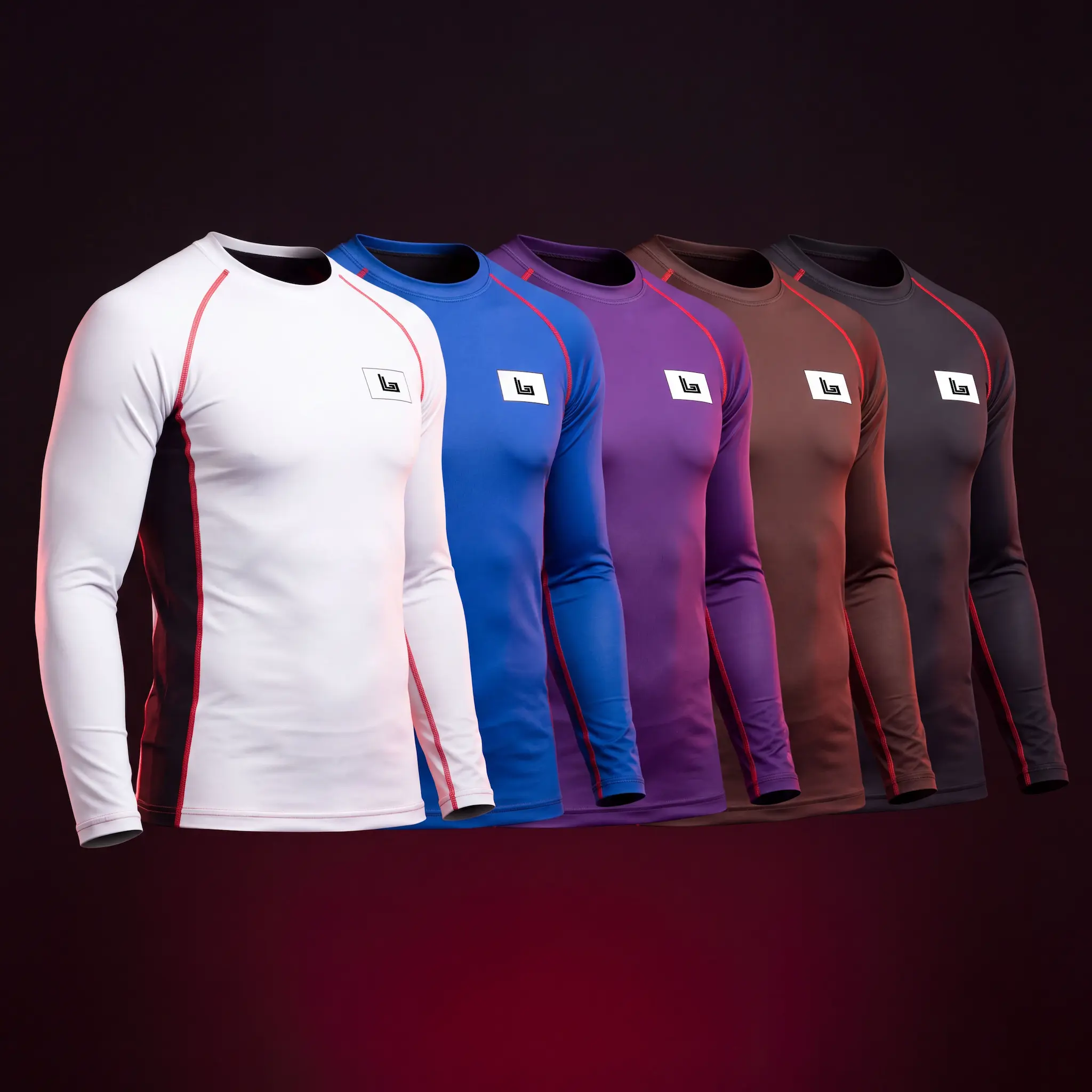 Custom BJJ rank rash guards in white, blue, purple, brown and black