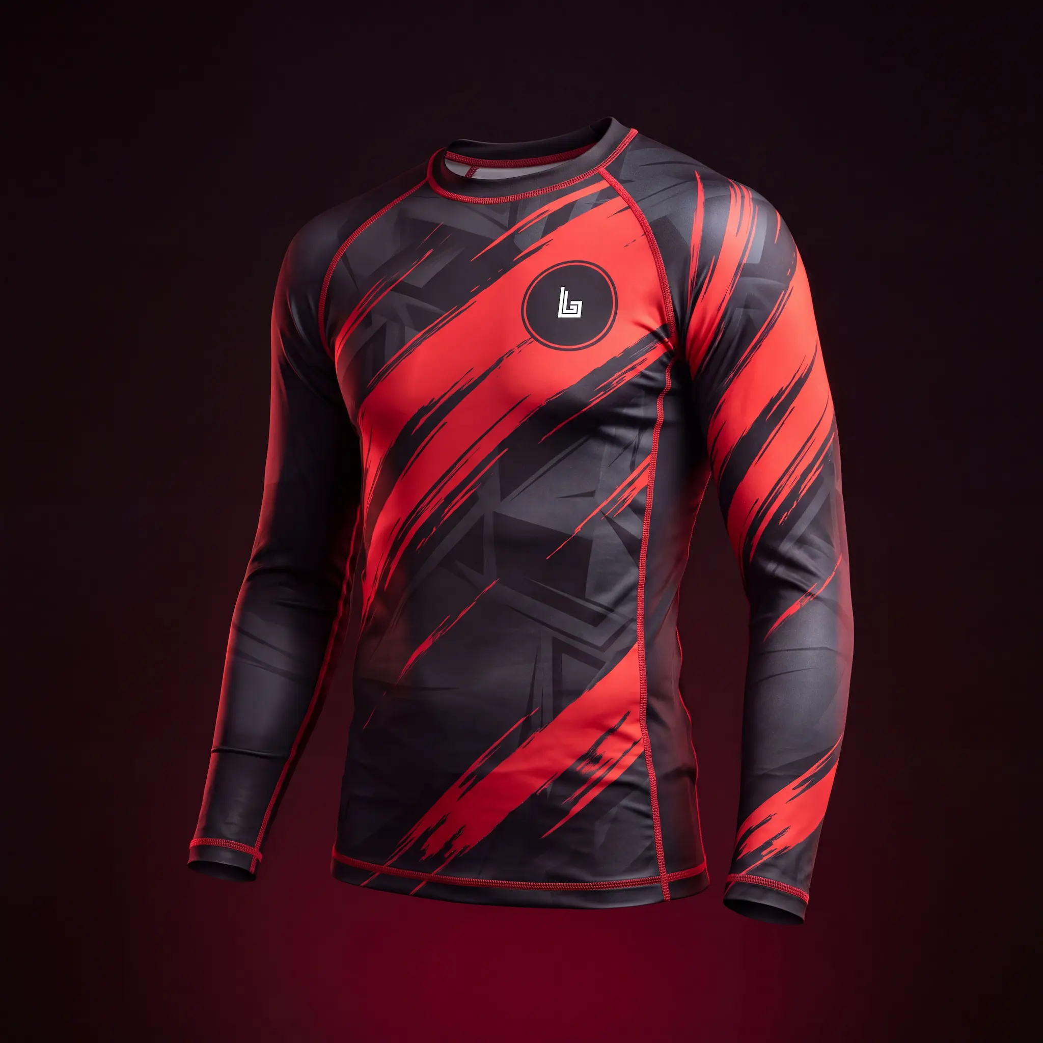 Custom sublimated BJJ rash guard with academy logo, ghost mannequin
