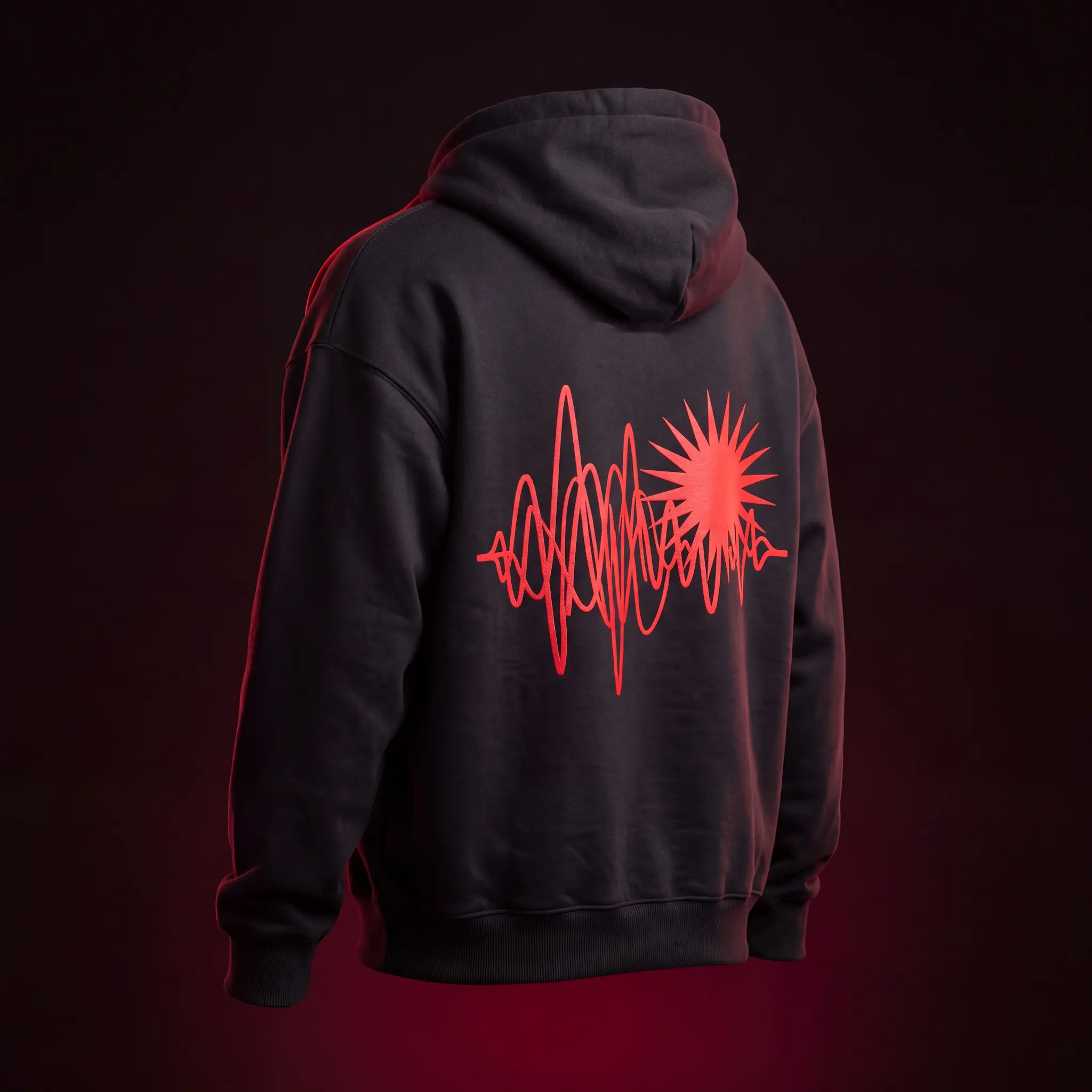 Custom festival merch hoodie in heavyweight cotton fleece with red print