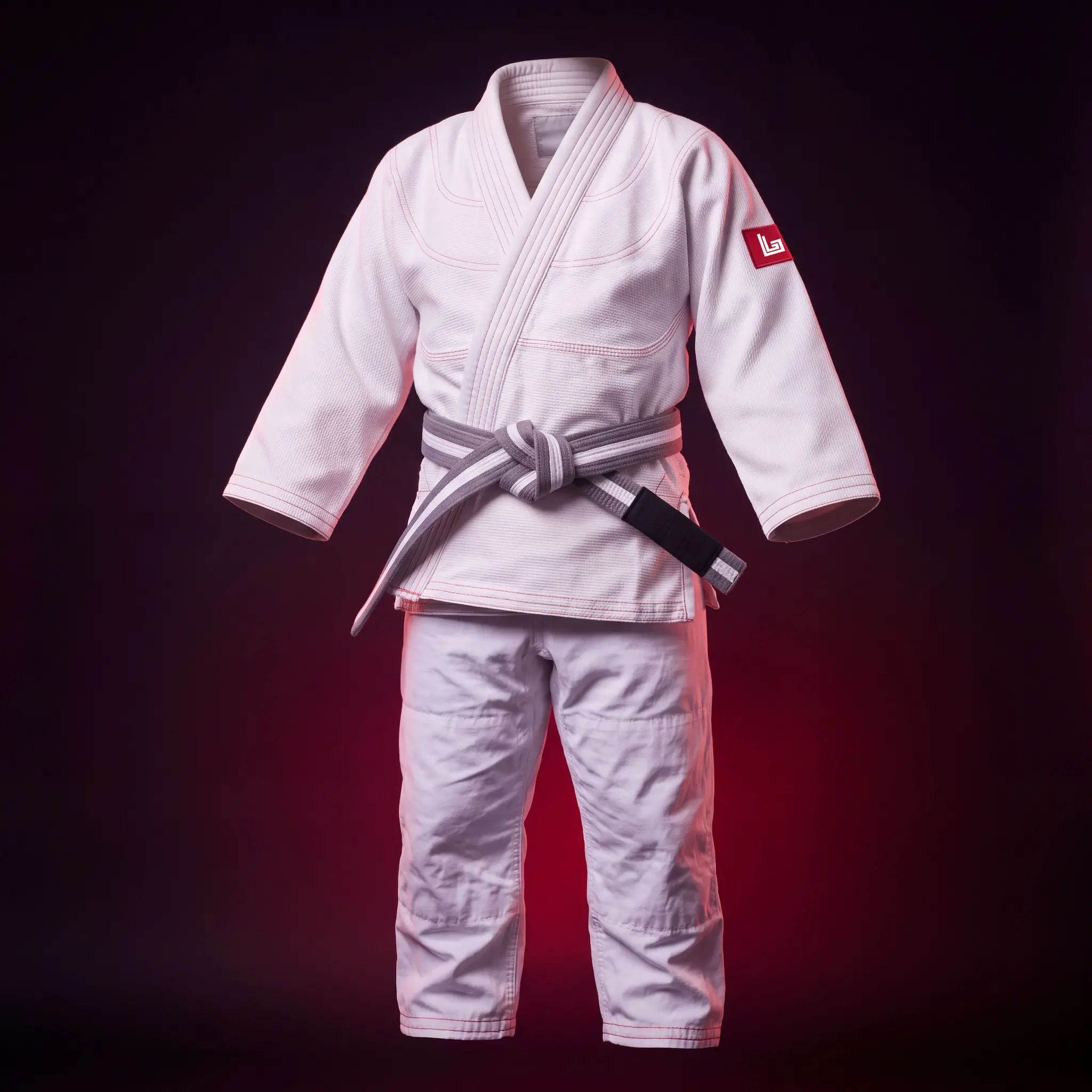 Custom kids BJJ gi in white with academy patch, ghost mannequin