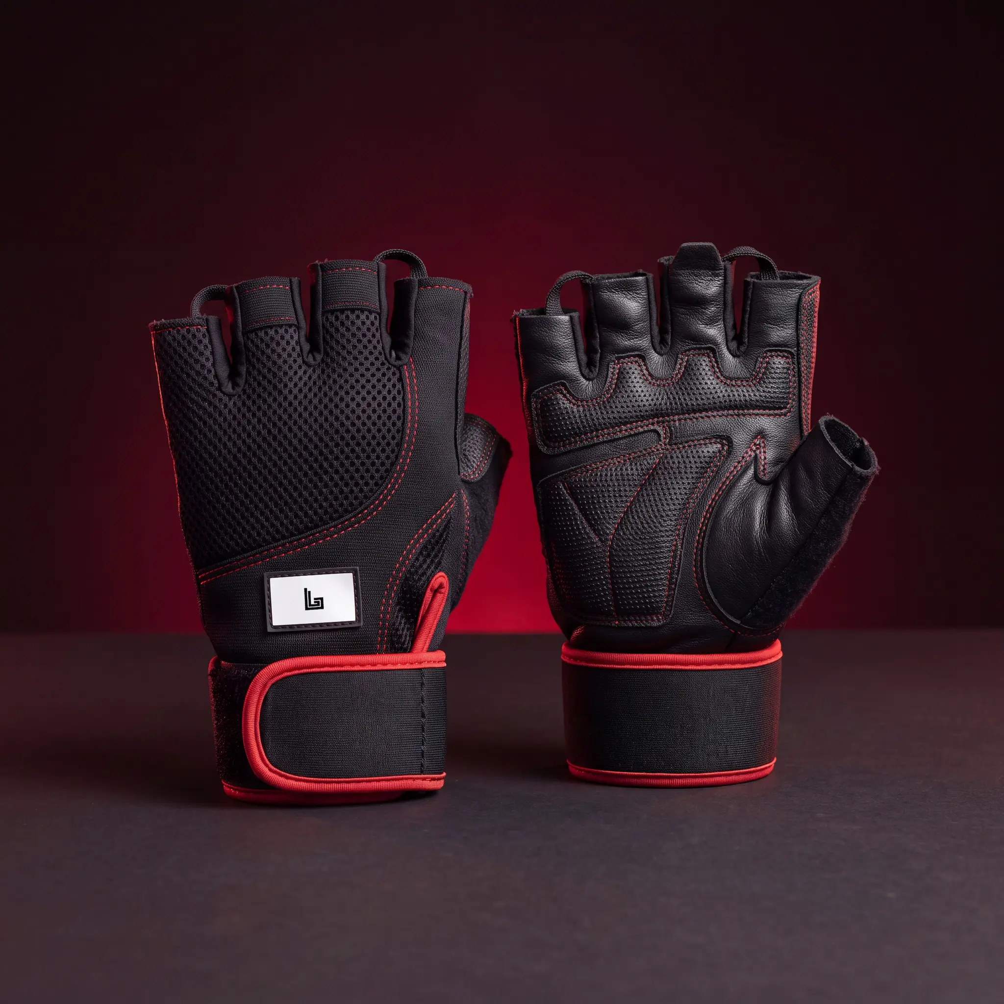 Pair of custom padded weightlifting gloves with wrist strap by Lethletic
