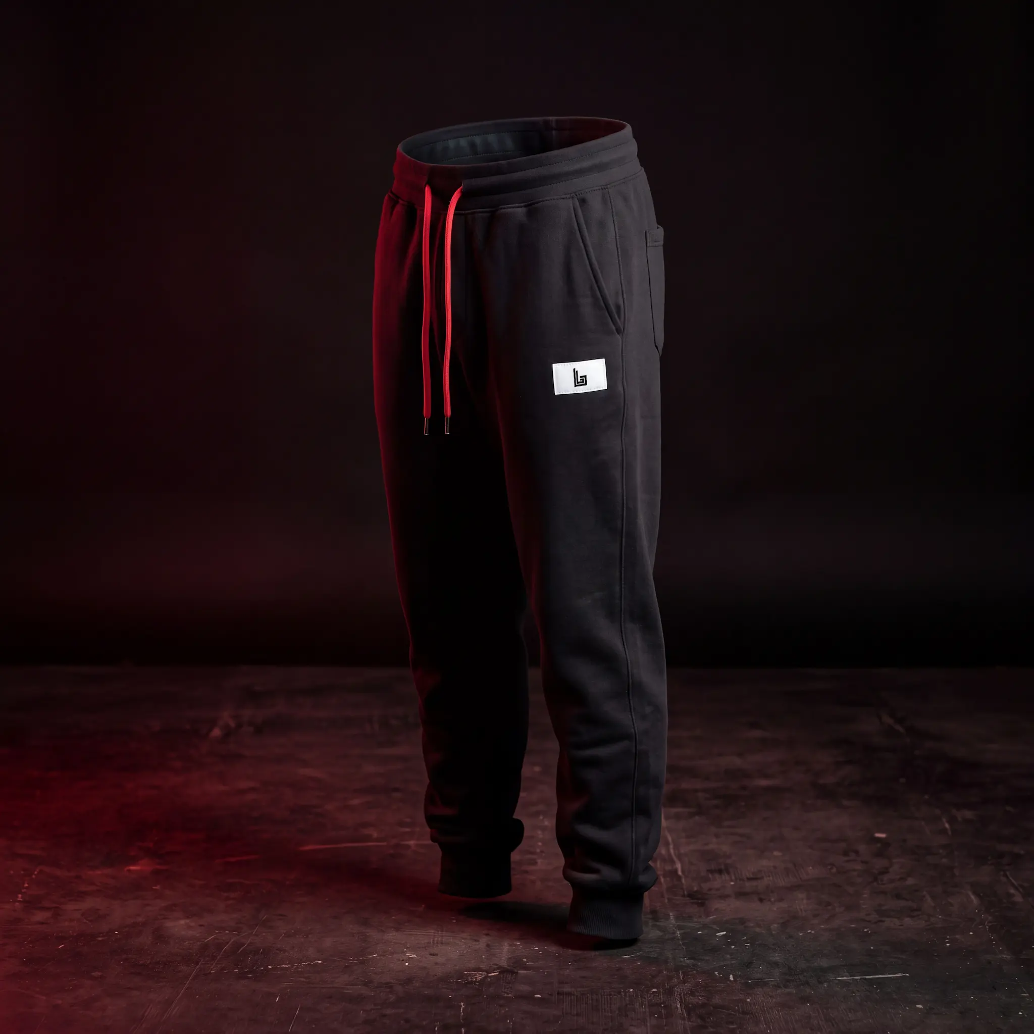 Custom lounge joggers with ribbed cuffs and drawcord waistband, ghost mannequin