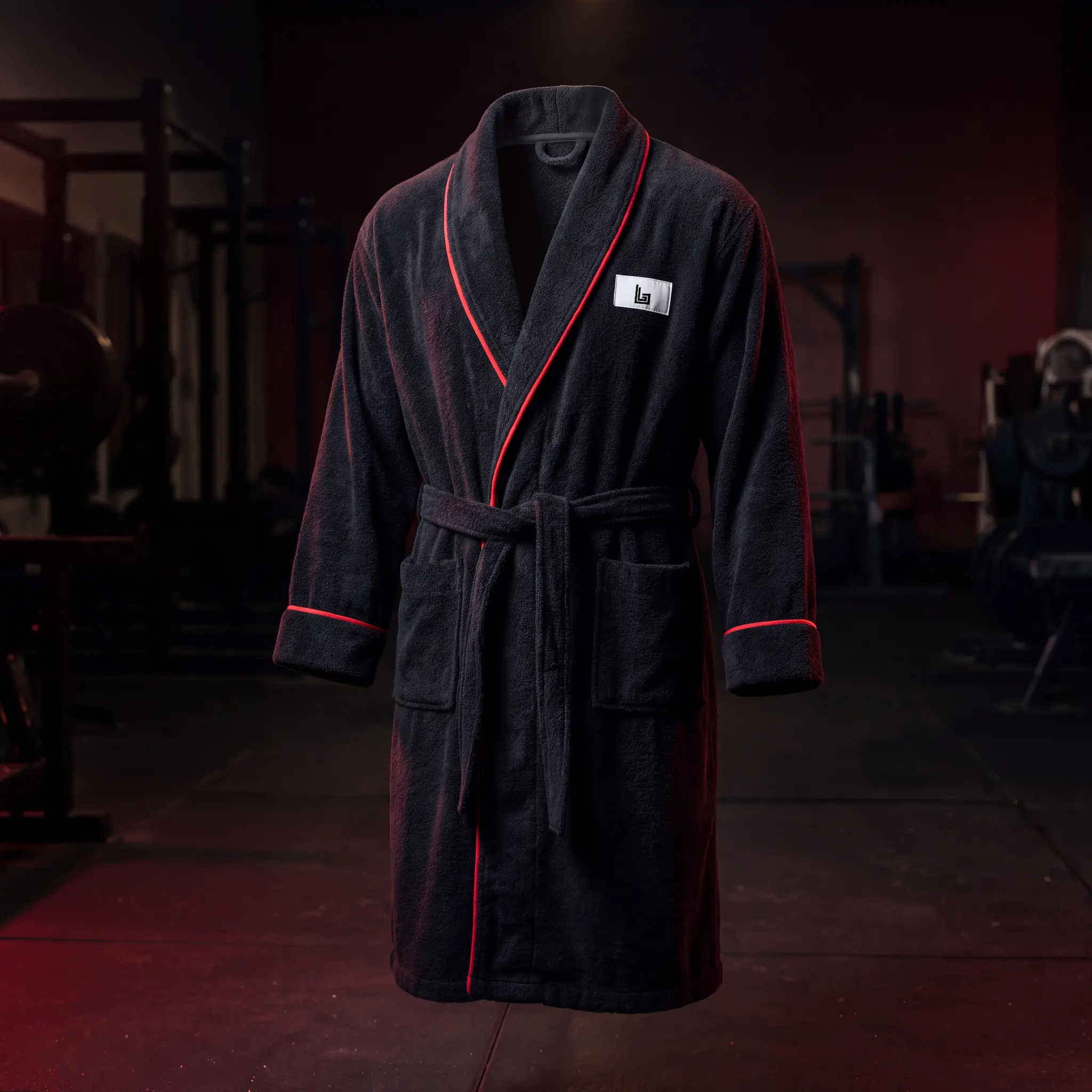 Custom lounge robe in soft cotton terry with shawl collar and tie belt, ghost mannequin