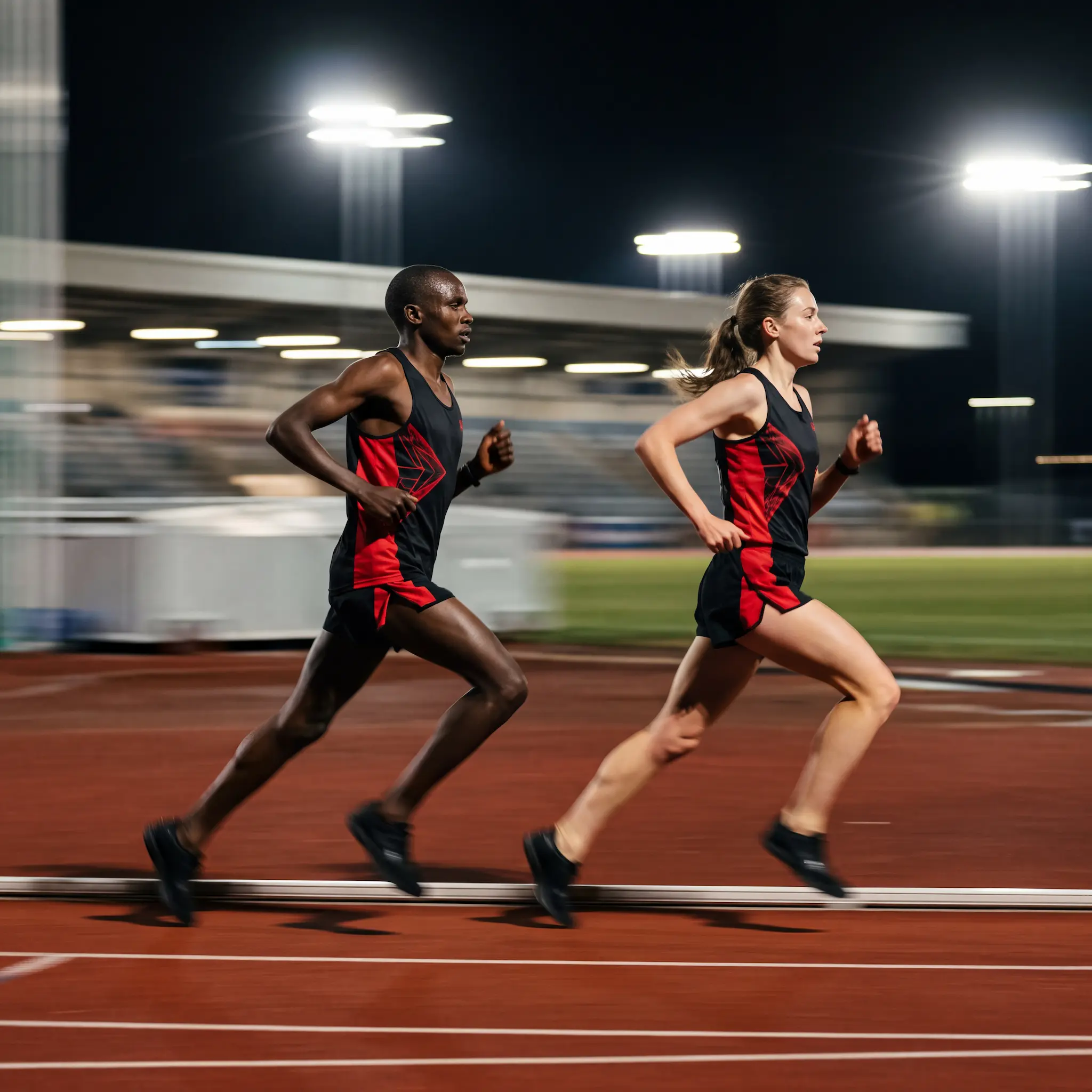 Runners in custom running wear: sublimated singlets and shorts on an athletics track
