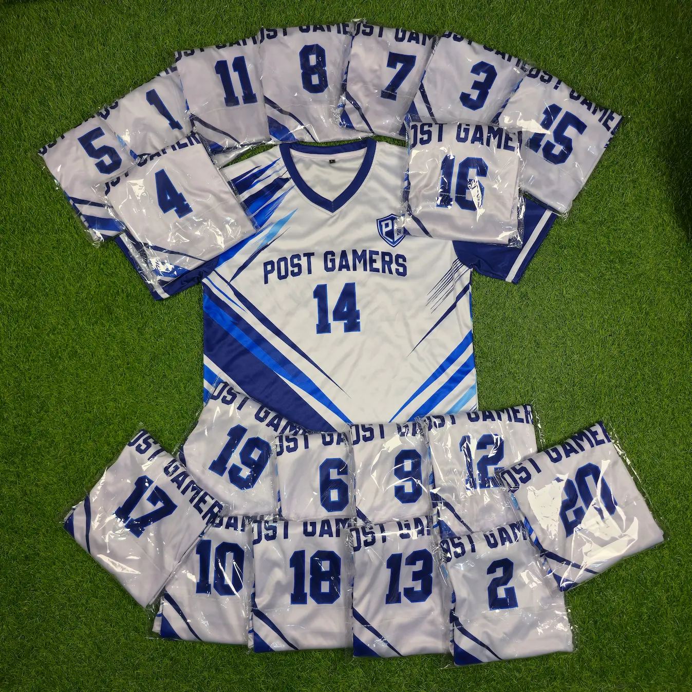 20 custom sublimated soccer jerseys made for a gaming team in the USA by Lethletic