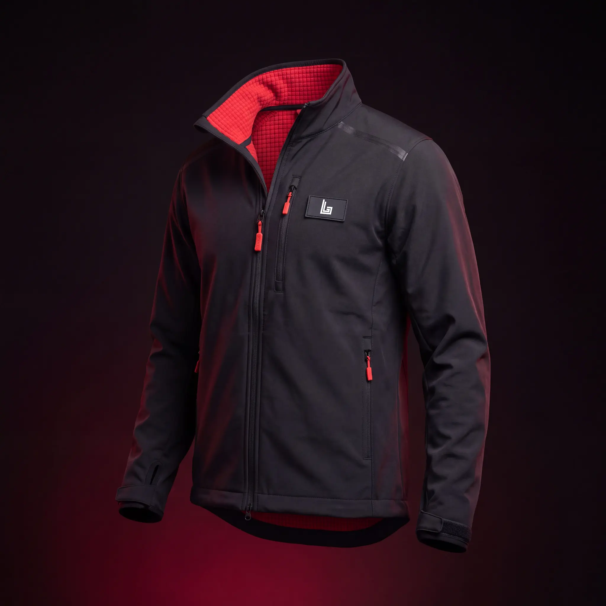 Model in a custom black softshell jacket with reflective logo by Lethletic