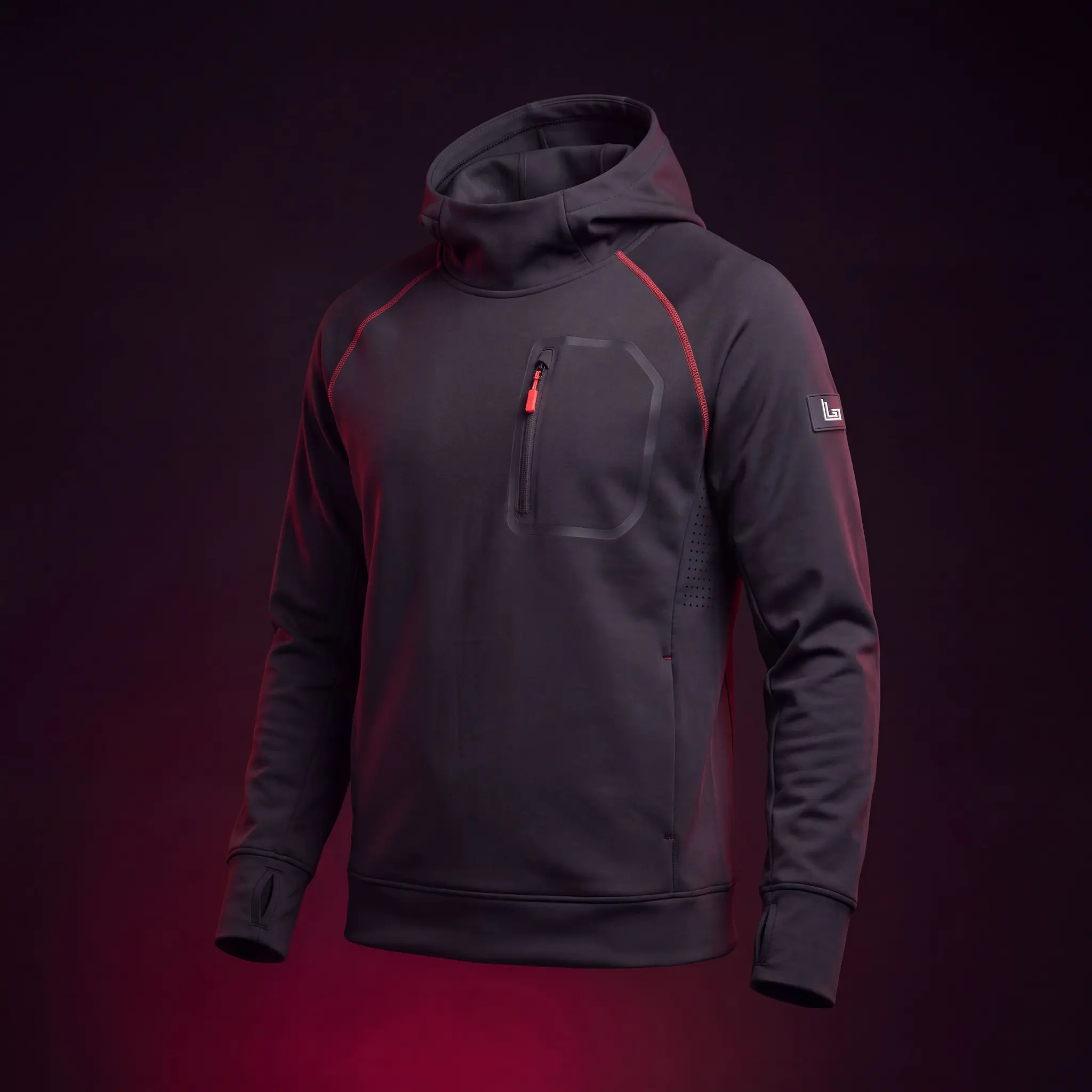 Model in a custom technical hoodie with zip pockets and thumbholes by Lethletic