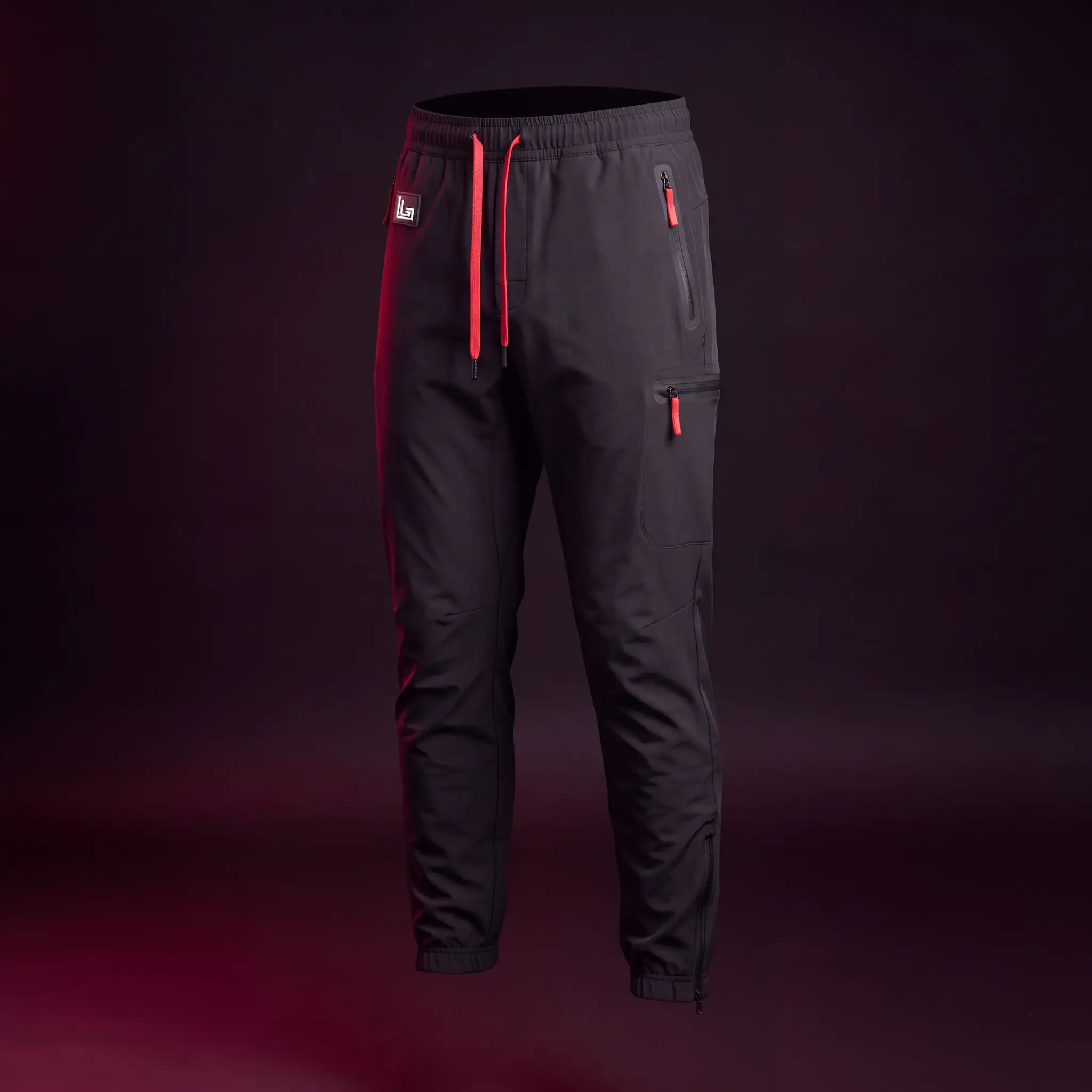 Model in custom 4-way stretch technical joggers with zip pockets by Lethletic