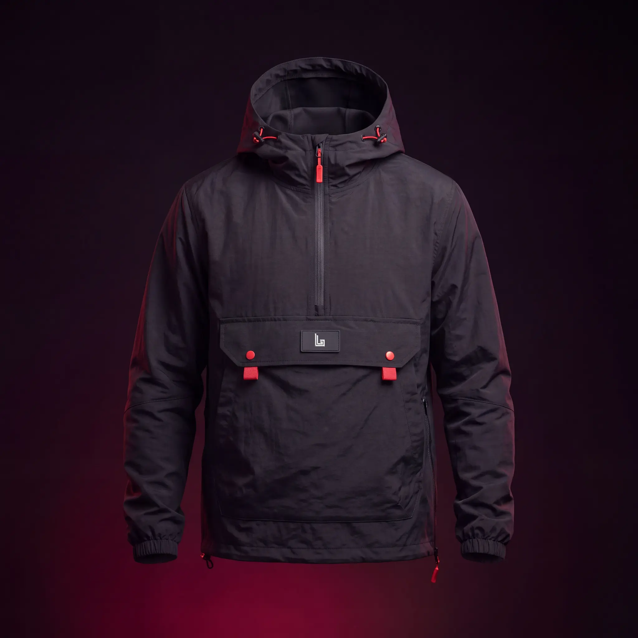 Model in a custom half-zip techwear anorak with kangaroo pocket by Lethletic