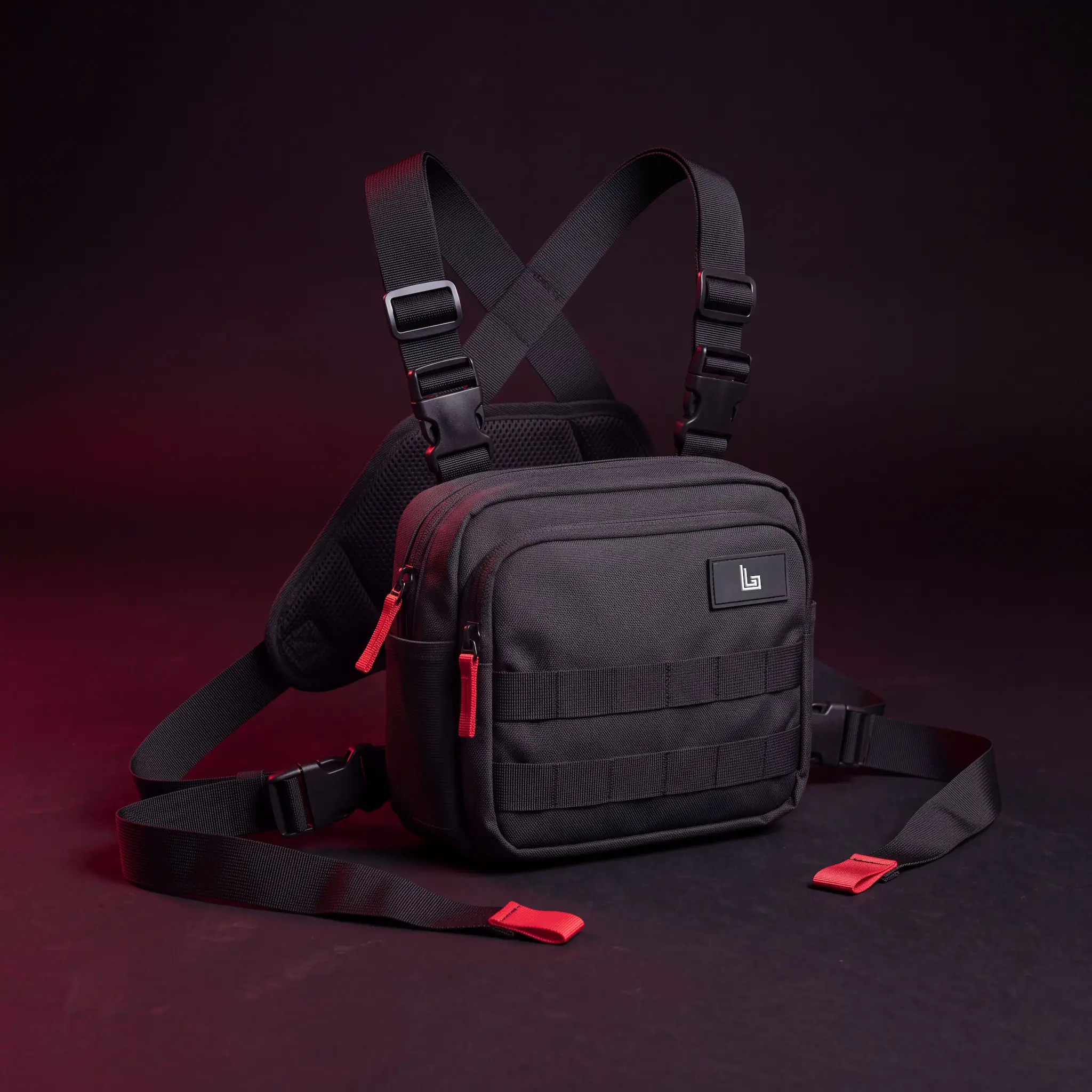 Model wearing a custom techwear chest rig bag with branded buckles by Lethletic