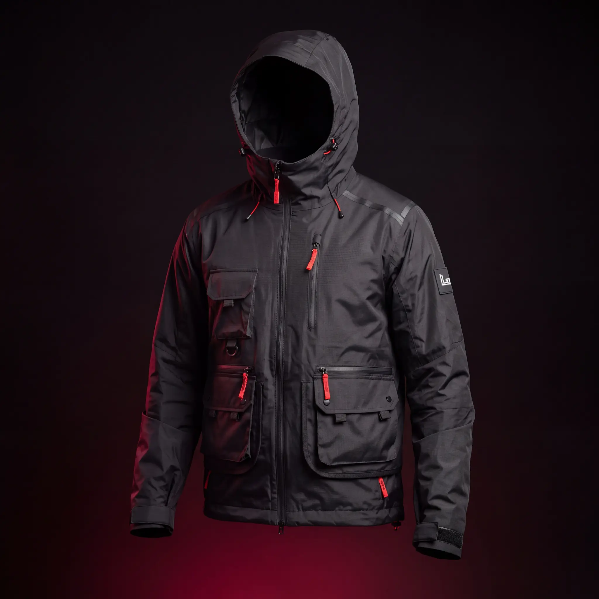 Model in a custom black ripstop techwear shell jacket with hood and taped zips by Lethletic