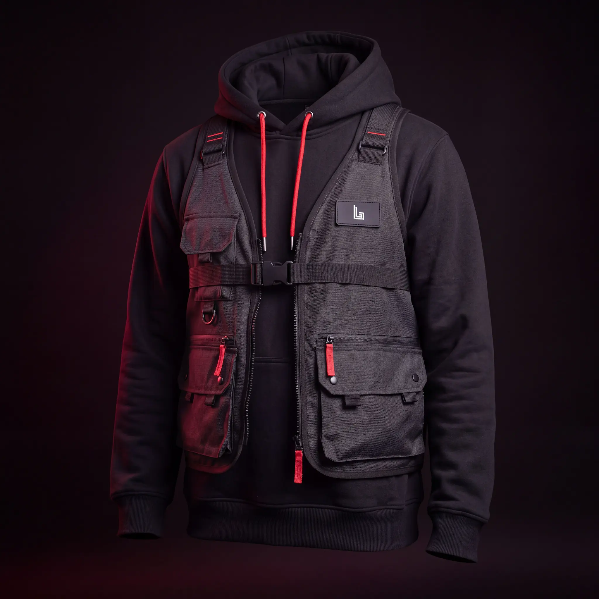 Model in a custom multi-pocket techwear utility vest over a hoodie by Lethletic