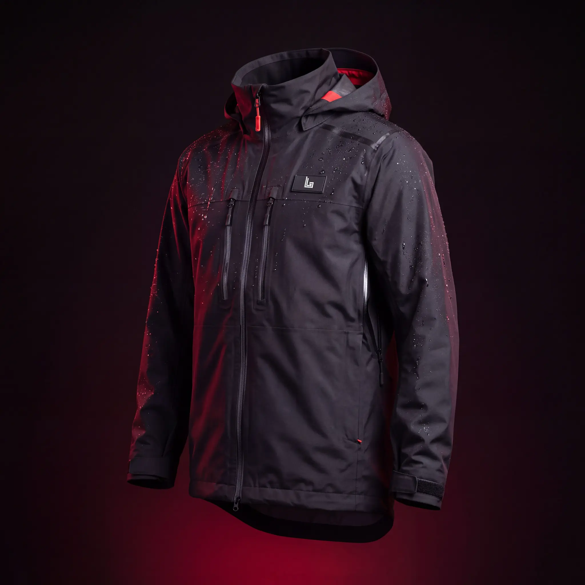 Model in a custom 3-layer waterproof hardshell jacket with taped seams by Lethletic