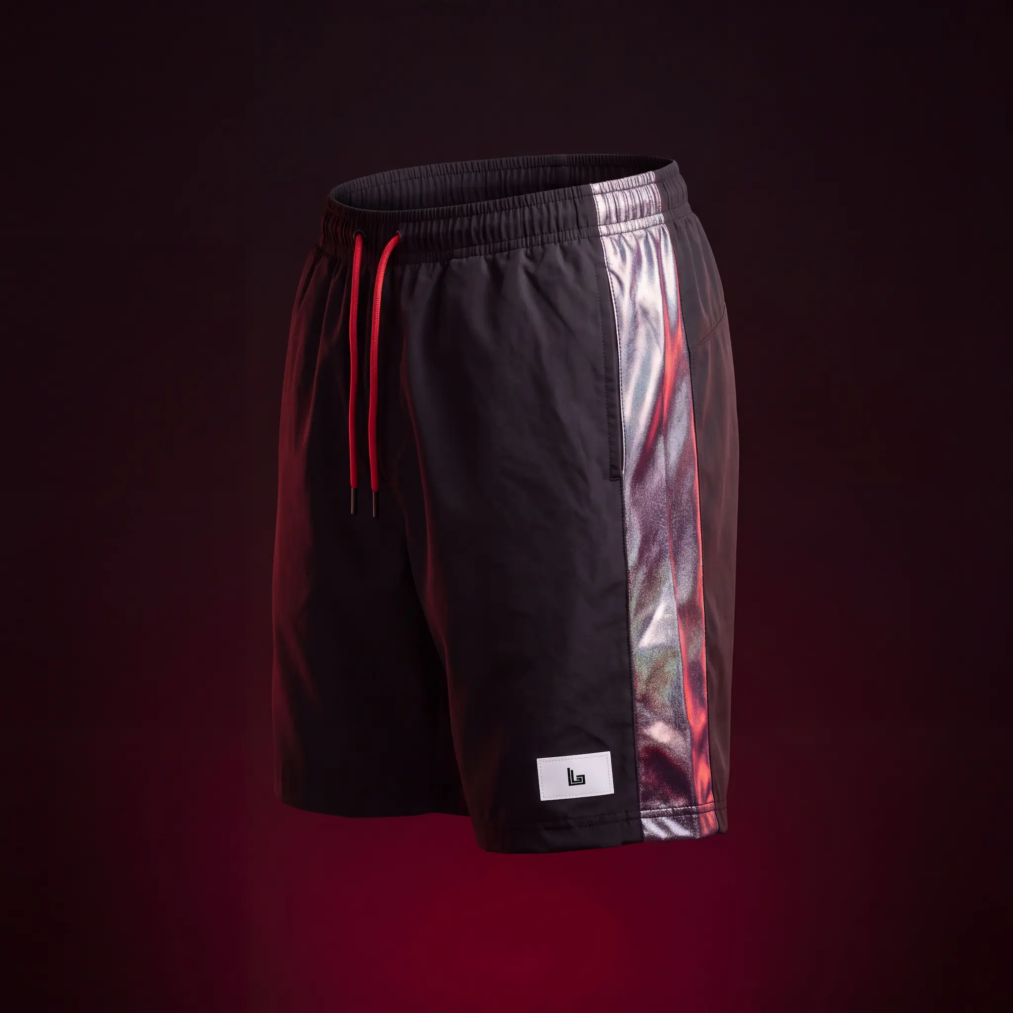 Men's custom rave shorts with holographic side panels for festivals